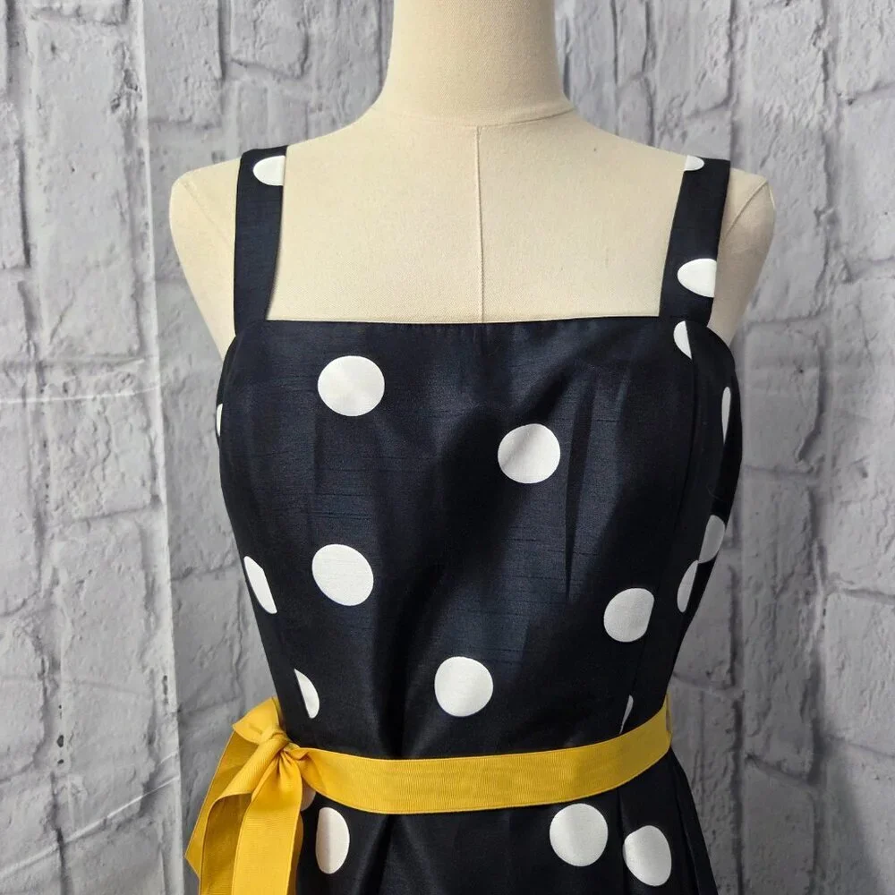 Jessica Howard Size 6 Navy White Polka Dot Yellow Bow Retro Sleeveless Dress